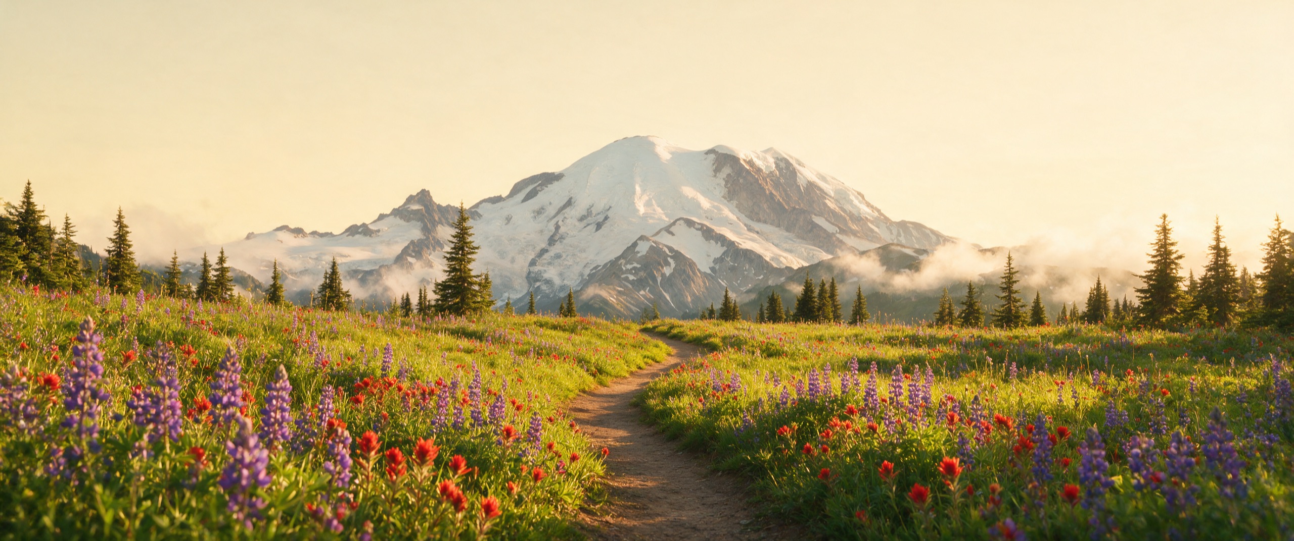 A dirt trail winding through a bright wildflower meadow toward a fully visible snow-capped peak in warm morning light