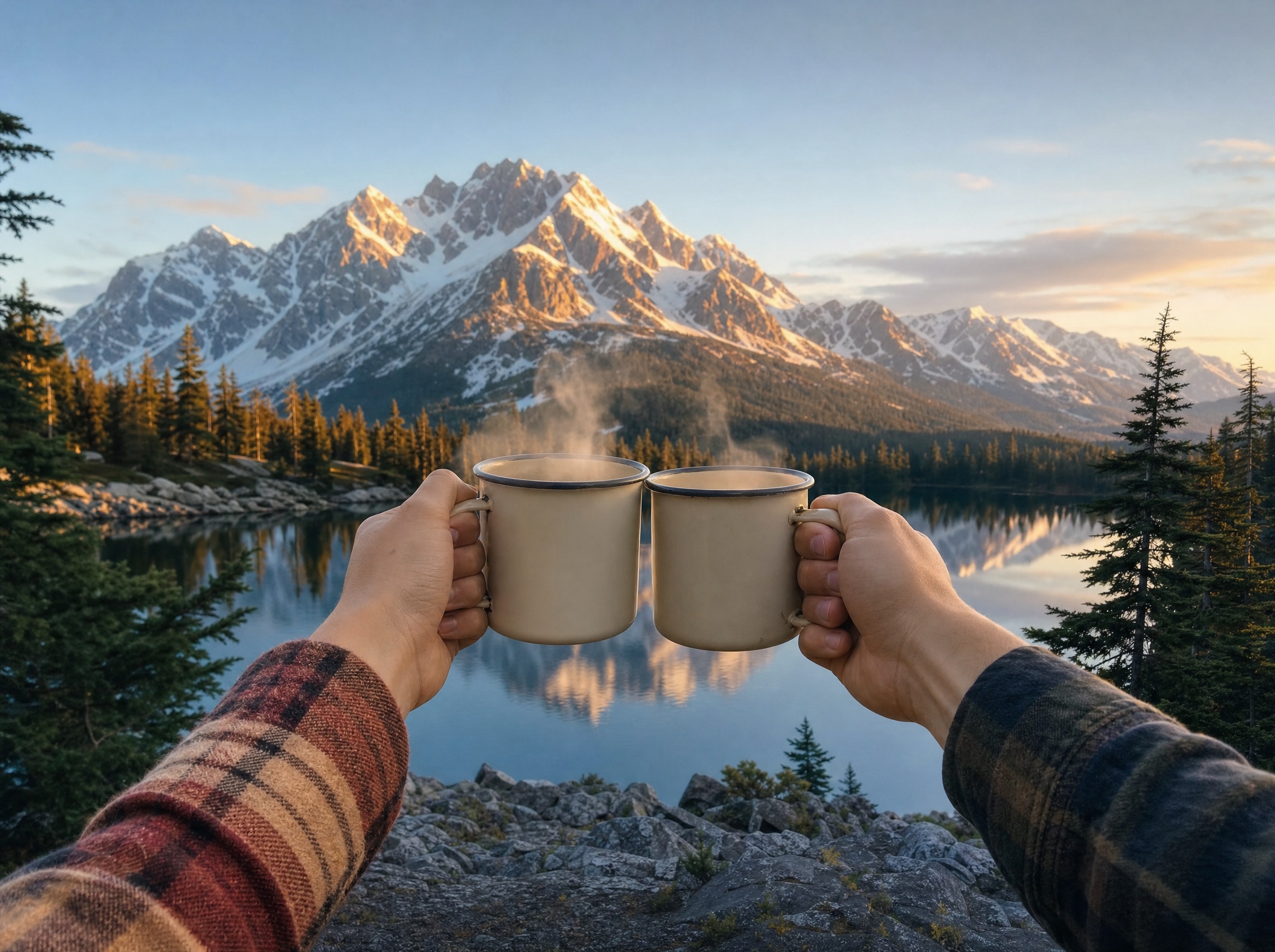Two enamel mugs raised together in front of an alpine lake and snow-capped peak at golden hour
