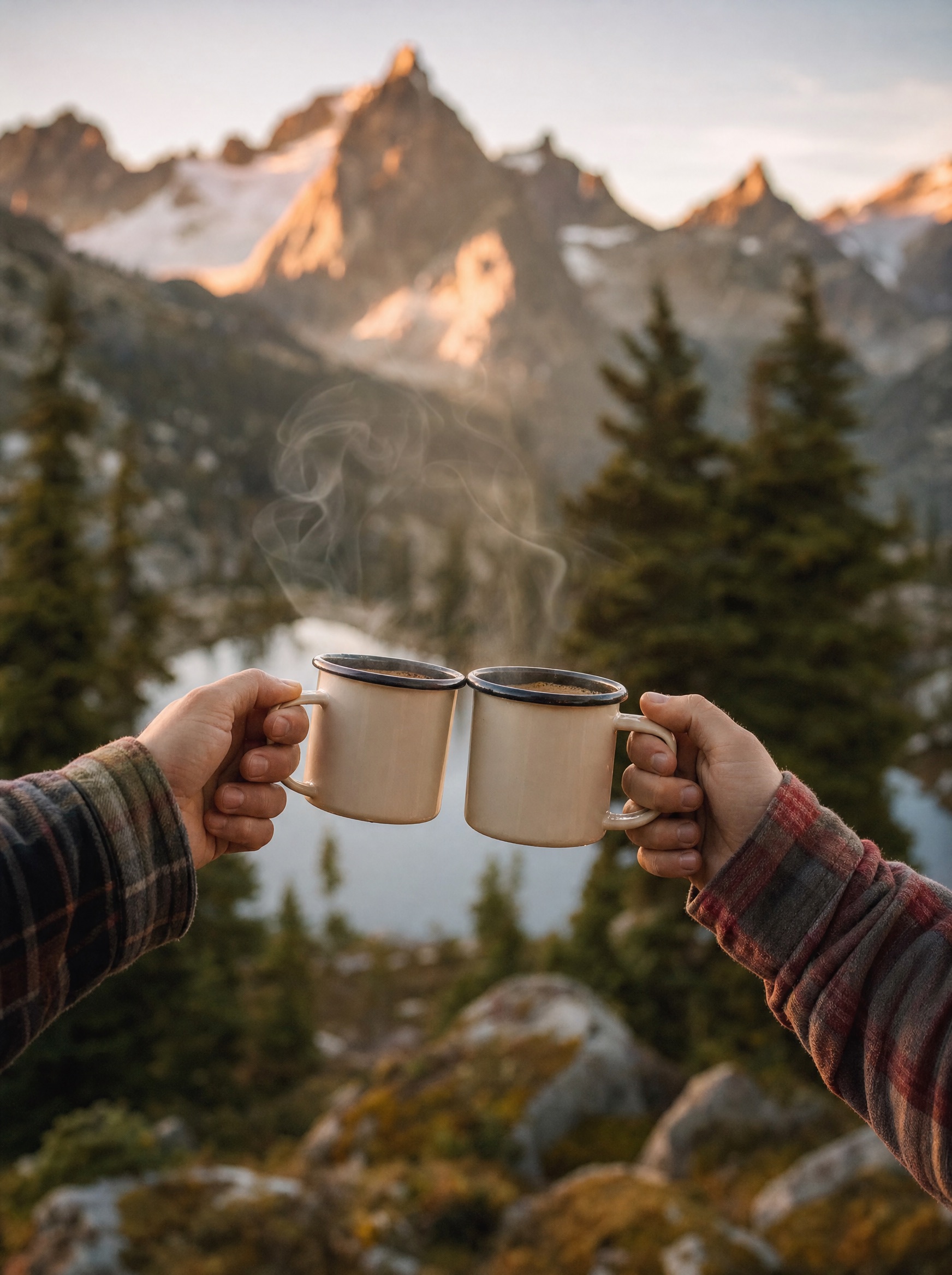 Two enamel mugs raised together in front of an alpine lake at golden hour