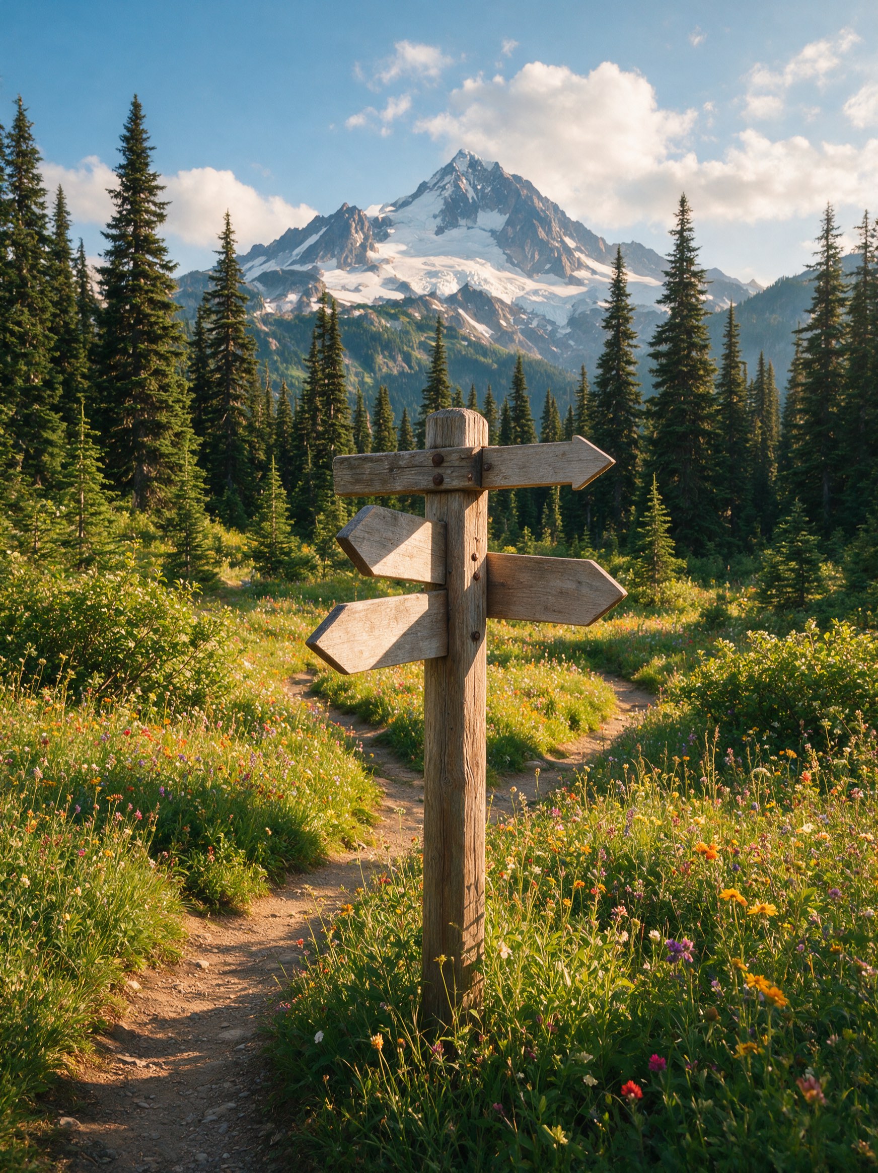 A weathered wooden trail signpost at a sunny wildflower meadow junction, with a snow-capped peak in the distance