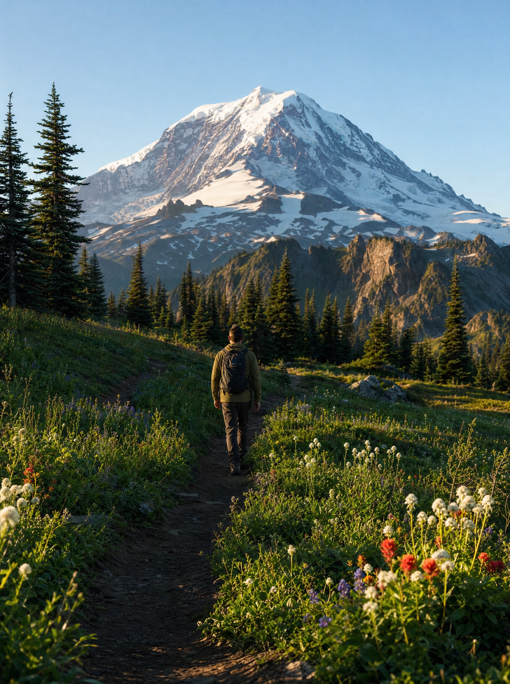 A hiker walking up a sunlit meadow trail toward a snow-capped peak