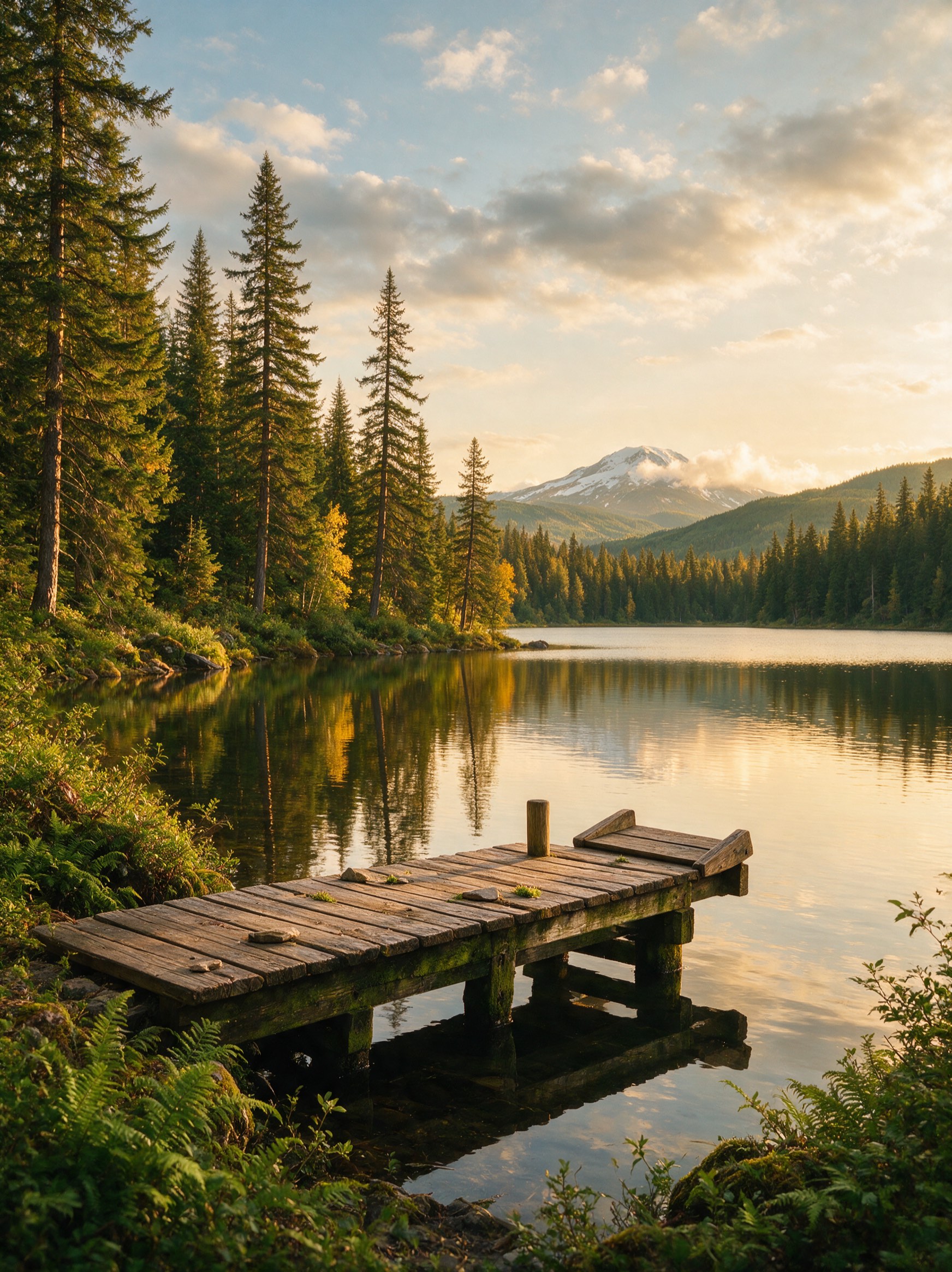 A short weathered wooden dock reaching into a calm golden lake, evergreens and a distant snow-capped mountain beyond