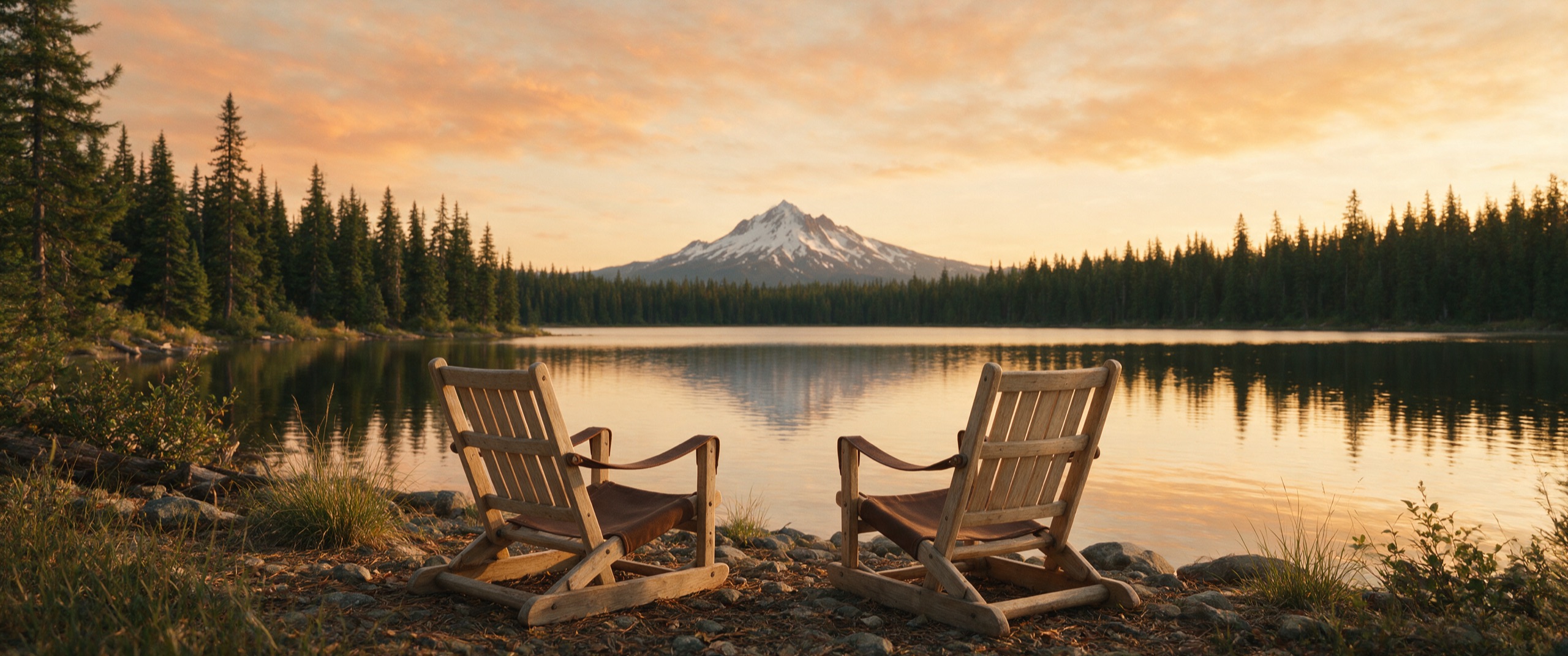Two empty wooden camp chairs side by side on a quiet lakeshore at golden hour, facing a calm lake and a distant snow-capped mountain